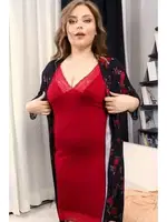 Gül Desenli 2li Lüks Gecelik Sabahlık Takımı Lady 19226 Kırmızı görsel 4