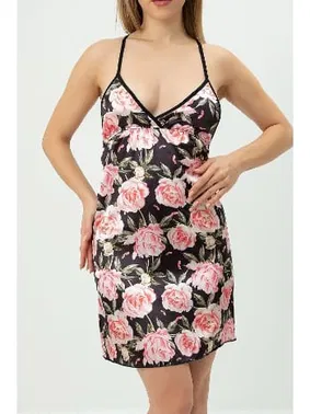 SHE Gül Desenli Askılı Siyah Fantezi Gecelik SHE 1368