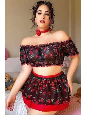 NightLight Gül Desenli Kırmızı Siyah Büyük Beden Fantezi Gecelik NightLight 3759