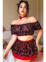 Gül Desenli Kırmızı Siyah Büyük Beden Fantezi Gecelik NightLight 3759 Siyah