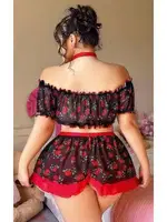 Gül Desenli Kırmızı Siyah Büyük Beden Fantezi Gecelik NightLight 3759 Siyah detay görünüm