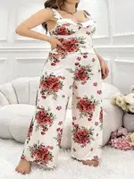 Güllü Çiçekli Desenli Beyaz Askılı Büyük Beden Kadın Pijama Takım Pink Night 6901 Beyaz