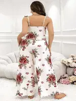 Güllü Çiçekli Desenli Beyaz Askılı Büyük Beden Kadın Pijama Takım Pink Night 6901 Beyaz detay görünüm