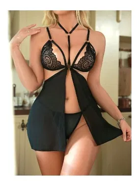 Ruselin Halkalı Dantel Tül Yırtmaçlı Biyeli Gecelik String Takım Ruselin 2165 - Alternatif Görünüm