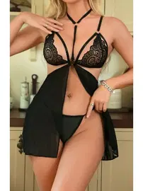 Ruselin Halkalı Dantel Tül Yırtmaçlı Biyeli Gecelik String Takım Ruselin 2165