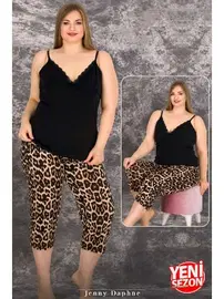 Lady İnce Askılı Büyük Beden Leopar Desenli Viskon Kapri Pijama Takımı Lady 10712