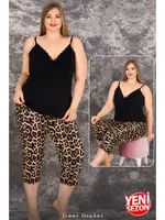 İnce Askılı Büyük Beden Leopar Desenli Viskon Kapri Pijama Takımı Lady 10712 Siyah
