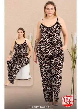 Lady İnce Askılı Cepli Büyük Beden Leopar Desenli Pijama Takımı Lady 11026 