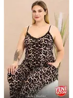 İnce Askılı Cepli Büyük Beden Leopar Desenli Pijama Takımı Lady 11026  Siyah detay görünüm