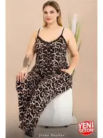 İnce Askılı Cepli Büyük Beden Leopar Desenli Pijama Takımı Lady 11026  Siyah farklı açı