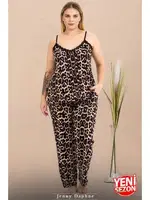 İnce Askılı Cepli Büyük Beden Leopar Desenli Pijama Takımı Lady 11026  Siyah görsel 4