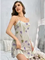 İnce Askılı Çiçek Desenli Kısa Kadın Gecelik Ruselin 5109 Ekru detay görünüm