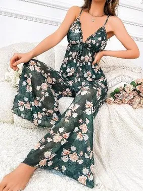 Pink Night İnce Askılı Çiçekli Transparan Pantalon Pijama Takımı Pink Night 1456