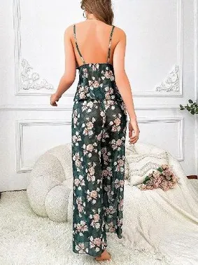 Pink Night İnce Askılı Çiçekli Transparan Pantalon Pijama Takımı Pink Night 1456 - Alternatif Görünüm