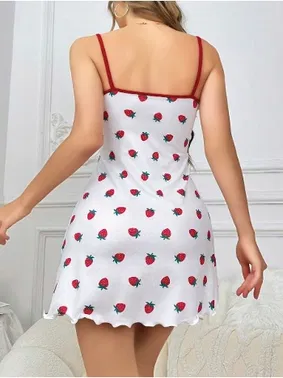 Lily Bianca İnce Askılı Çilekli Penye Kadın Kısa Gecelik Lily Bianca 13056 - Alternatif Görünüm