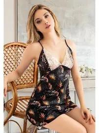 Miss Laris İnce Askılı Dantel Yaka Çiçekli Saten Gecelik Miss Laris 2069