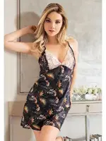 İnce Askılı Dantel Yaka Çiçekli Saten Gecelik Miss Laris 2069 Siyah detay görünüm