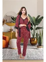 İnce Askılı Dantelli Atlet 3lü Sabahlık Takımı İzabel SB-5004 Bordo