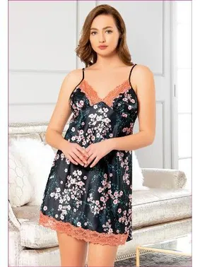 Miss Laris İnce Askılı Dantelli Saten Kısa Lacivert Gecelik Miss Laris 4008