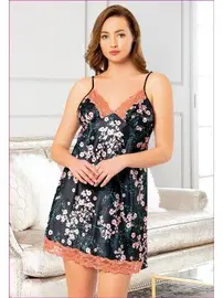 Miss Laris İnce Askılı Dantelli Saten Kısa Lacivert Gecelik Miss Laris 4008