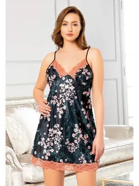 Miss Laris İnce Askılı Dantelli Saten Kısa Lacivert Gecelik Miss Laris 4008 - Alternatif Görünüm