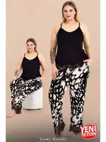 İnce Askılı Desenli Dantelli Büyük Beden Pijama Takımı Lady 10983  Siyah