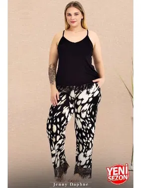 Lady İnce Askılı Desenli Dantelli Büyük Beden Pijama Takımı Lady 10983  - Alternatif Görünüm