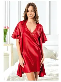 Miss Laris İnce Askılı Gecelik Kısa Volan Kollu Saten Sabahlık Takımı Miss Laris 5076