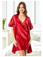 İnce Askılı Gecelik Kısa Volan Kollu Saten Sabahlık Takımı Miss Laris 5076 Kırmızı farklı açı