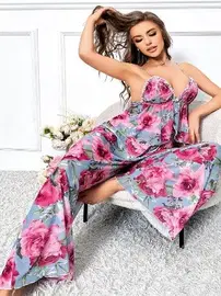 Pink Night İnce Askılı Geniş Kesim Çiçek Desenli Büyük Beden Pijama Takımı Pink Night 6957