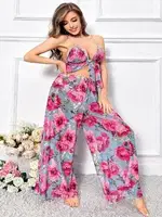 İnce Askılı Geniş Kesim Çiçek Desenli Büyük Beden Pijama Takımı Pink Night 6957 Pembe detay görünüm