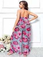 İnce Askılı Geniş Kesim Çiçek Desenli Büyük Beden Pijama Takımı Pink Night 6957 Pembe farklı açı