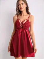 İnce Askılı Göğüs Dantelli Kısa Saten Fantazi Gecelik Lily Bianca 437 Kırmızı