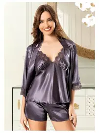 Miss Laris İnce Askılı Saten Kenarları Dantel Gecelik Sabahlık Takımı Miss Laris 5080