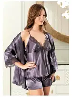 İnce Askılı Saten Kenarları Dantel Gecelik Sabahlık Takımı Miss Laris 5080 Gri detay görünüm