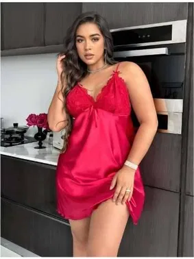 Real Passione İnce Askılı Mini Büyük Beden Seksi Saten Kırmızı Gecelik Real Passione 11006