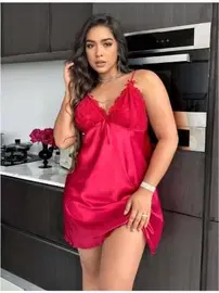 Real Passione İnce Askılı Mini Büyük Beden Seksi Saten Kırmızı Gecelik Real Passione 11006