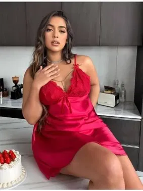 Real Passione İnce Askılı Mini Büyük Beden Seksi Saten Kırmızı Gecelik Real Passione 11006 - Alternatif Görünüm