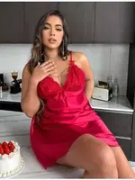 İnce Askılı Mini Büyük Beden Seksi Saten Kırmızı Gecelik Real Passione 11006 Kırmızı detay görünüm
