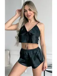NightLight İnce Askılı Saten Göğüs Büzgülü Mini Fantazi Şort Takım NightLight 3793