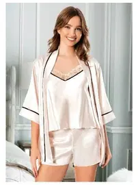 Miss Laris İnce Askılı Yakası Dantel Saten Gecelik Sabahlık Takımı Miss Laris 5079