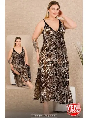 Lady İnce Askılı Yılan Desenli Yırtmaçlı Büyük Beden Uzun Elbise Lady 7285 