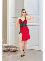 İp Askılı Dantelli Kısa Yırtmaçlı Fantazi Gecelik İzabel T-1003 Kırmızı