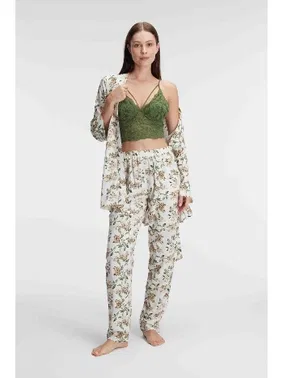 Anıl İp Askılı V Yaka Kadın Çiçek Desenli Yazlık Dokuma Dantel Detaylı Pijama Takımı Sabahlık Anıl 5829