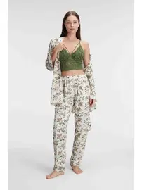 Anıl İp Askılı V Yaka Kadın Çiçek Desenli Yazlık Dokuma Dantel Detaylı Pijama Takımı Sabahlık Anıl 5829
