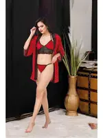 İpeksi Bralet Tanga Sabahlık Takım İzabel 0904 Kırmızı detay görünüm