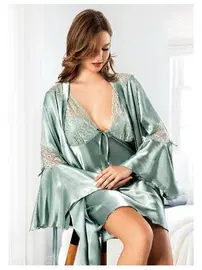 Miss Laris İspanyol Kollu Dantelli Saten İnce Askılı Gecelik Uzun Kollu Sabahlık Takımı Miss Laris 5067