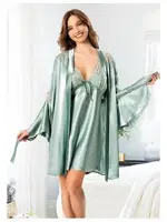 İspanyol Kollu Dantelli Saten İnce Askılı Gecelik Uzun Kollu Sabahlık Takımı Miss Laris 5067 detay görünüm