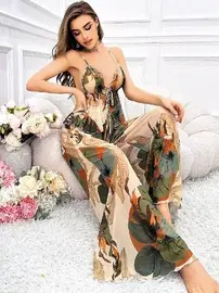 Pink Night İspanyol Paça Çiçekli İnce Askılı Pantalon Pijama Takımı Pink Night 1450