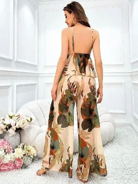 Pink Night İspanyol Paça Çiçekli İnce Askılı Pantalon Pijama Takımı Pink Night 1450 - Alternatif Görünüm